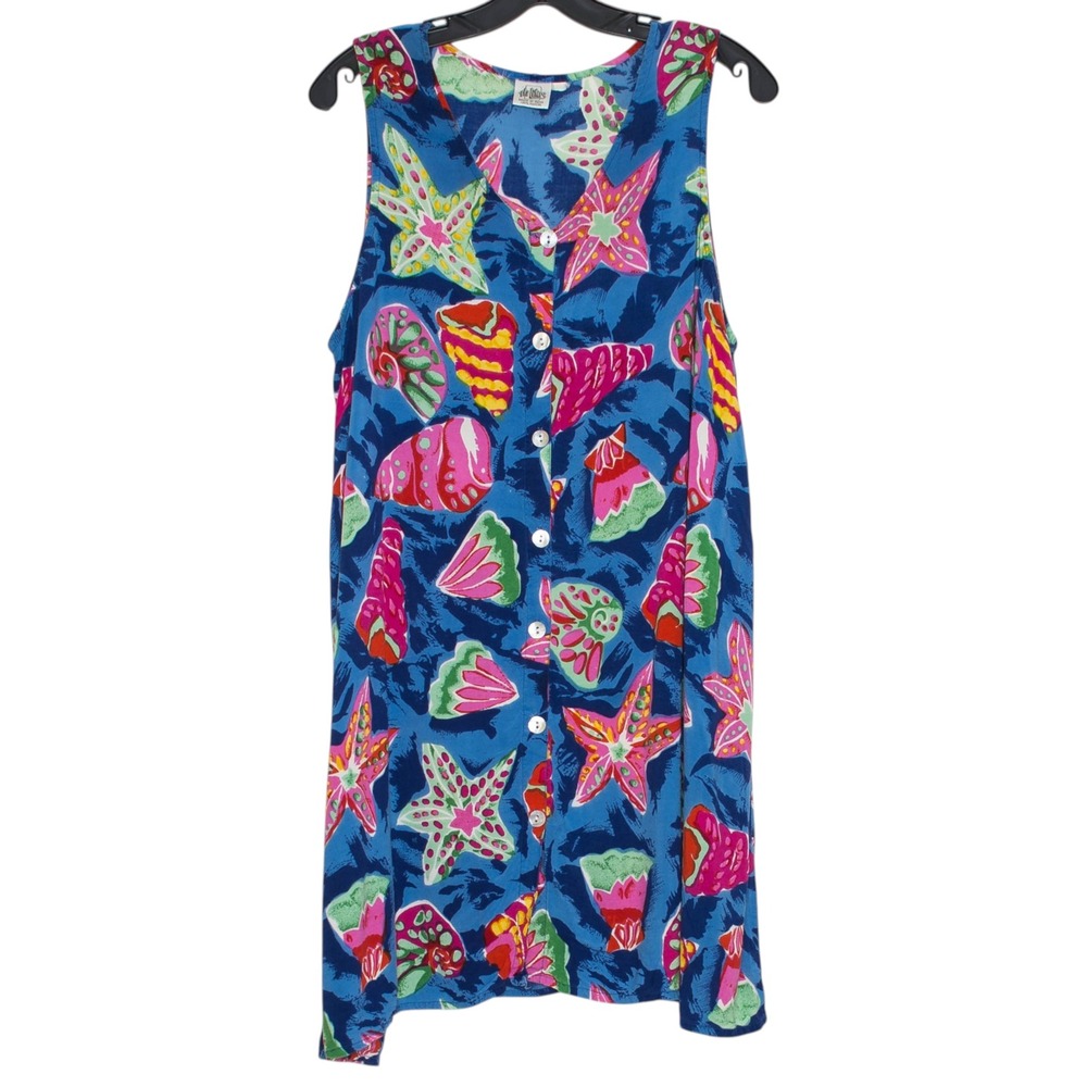 Vintage Shirt Dress Button Up Sleeveless Tropical Coastal Beach Resort Blue L